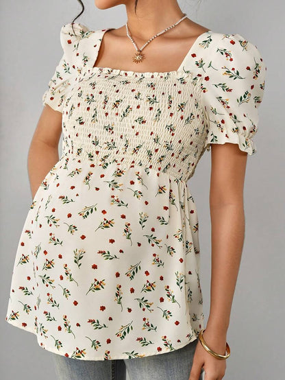 Maternity Ditsy Floral Peplum Blouse - Square Neck, Puff Sleeve, Slim Fit, Blue