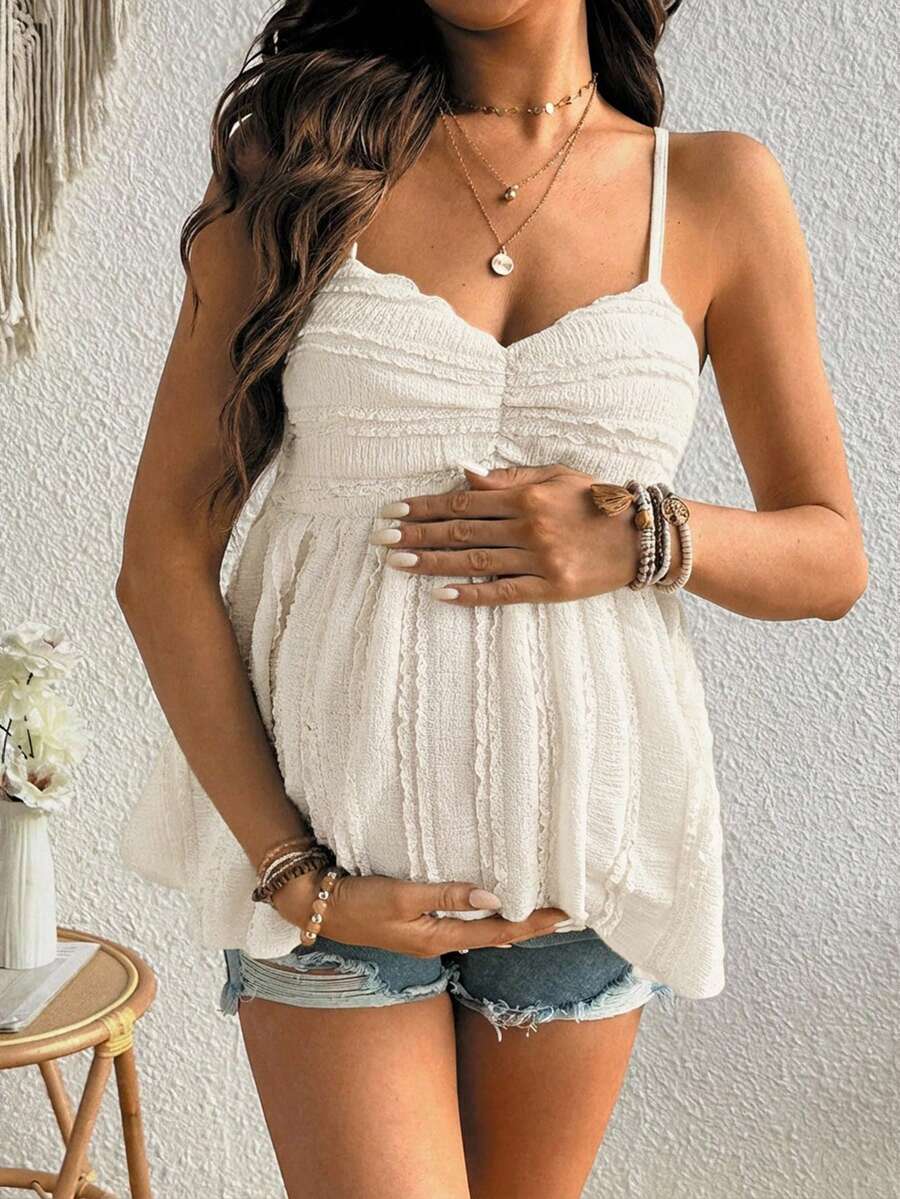 Red Ruffle Hem Babydoll Maternity Cami Top - Slim Fit Ruched Spaghetti Strap Sleeveless Knitted Nursing Friendly Camisole