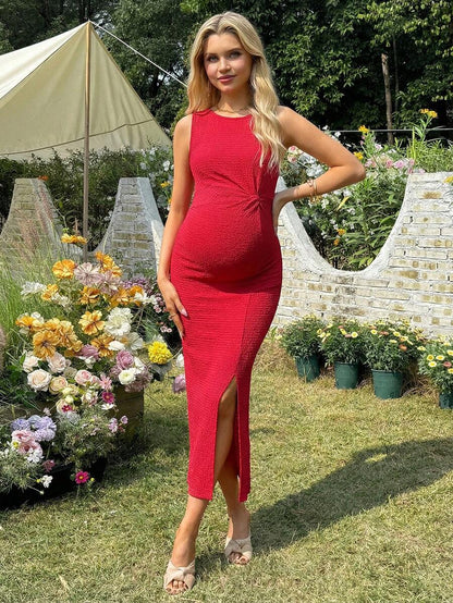 Women's Long Twist Knot Slit Casual Maternity Dress