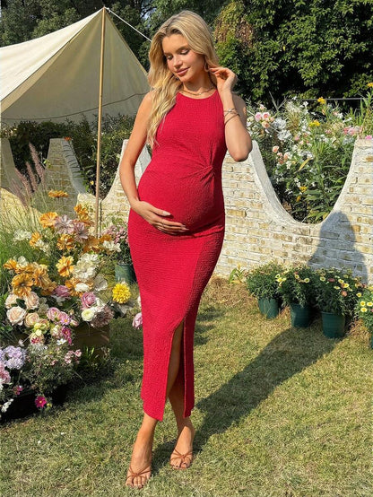 Maternity Long Twist Knot Slit Bodycon Midi Dress Red Sleeveless Round Neck Slim Fit Summer Vacation Outfits for Women