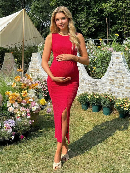Maternity Long Twist Knot Slit Bodycon Midi Dress Red Sleeveless Round Neck Slim Fit Summer Vacation Outfits for Women