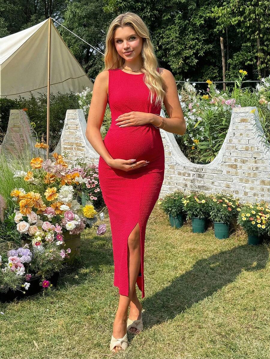 Women's Long Twist Knot Slit Casual Maternity Dress