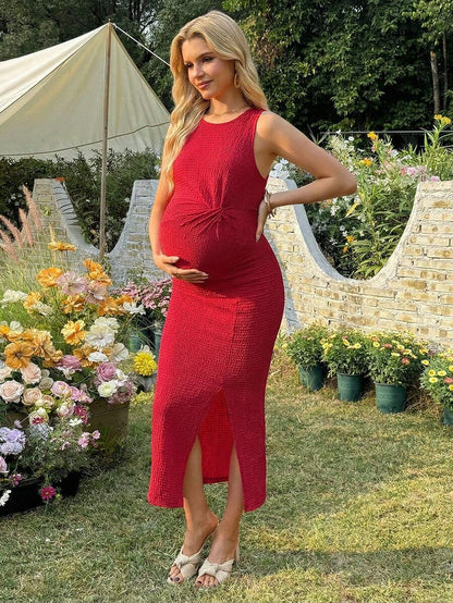 Maternity Long Twist Knot Slit Bodycon Midi Dress Red Sleeveless Round Neck Slim Fit Summer Vacation Outfits for Women