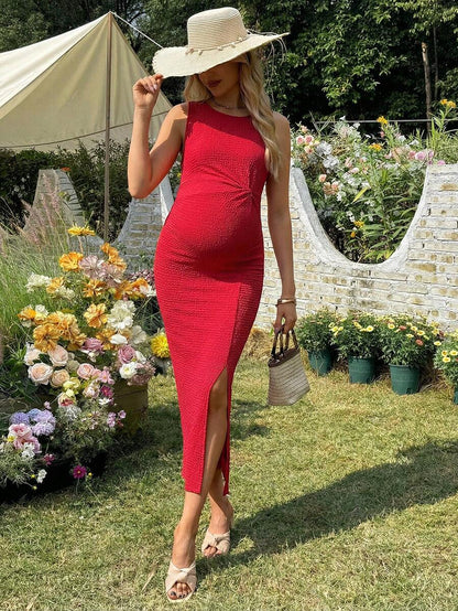 Maternity Long Twist Knot Slit Bodycon Midi Dress Red Sleeveless Round Neck Slim Fit Summer Vacation Outfits for Women