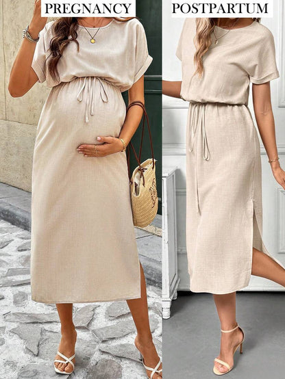 Black Maternity Midi Dress - Short Batwing Sleeve High Waist Round Neck Casual Dress with Drawstring Detail for Pregnancy