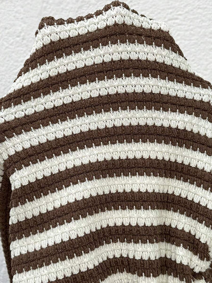 Brown Striped Asymmetrical Neckline Slim-Fit Maternity Dress With Irregular Hem And Adjustable Drawstring On One Side. Suitable For Summer Vacations And Beach Vacations.