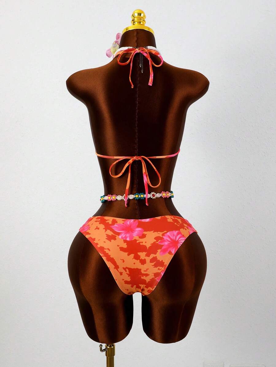 Swim Vcay 2026 Spring/Summer Women's Spaghetti Strap Halter Neck Black Base White Polka Dot Random Print Sweet Cute Side High Cut Bikini Swimwear 2-Piece Set Vacation Bikini Set Pink Bikini Set High Leg Bikini Set Modest Bikini Set Bikini Set