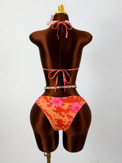 Swim Vcay 2026 Spring/Summer Women's Spaghetti Strap Halter Neck Black Base White Polka Dot Random Print Sweet Cute Side High Cut Bikini Swimwear 2-Piece Set Vacation Bikini Set Pink Bikini Set High Leg Bikini Set Modest Bikini Set Bikini Set