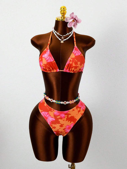 Swim Vcay 2026 Spring/Summer Women's Spaghetti Strap Halter Neck Black Base White Polka Dot Random Print Sweet Cute Side High Cut Bikini Swimwear 2-Piece Set Vacation Bikini Set Pink Bikini Set High Leg Bikini Set Modest Bikini Set Bikini Set