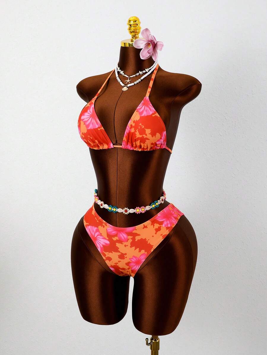 Swim Vcay 2026 Spring/Summer Women's Spaghetti Strap Halter Neck Black Base White Polka Dot Random Print Sweet Cute Side High Cut Bikini Swimwear 2-Piece Set Vacation Bikini Set Pink Bikini Set High Leg Bikini Set Modest Bikini Set Bikini Set
