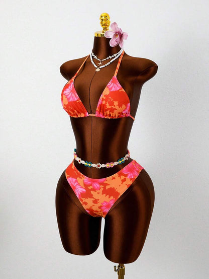 Swim Vcay 2026 Spring/Summer Women's Spaghetti Strap Halter Neck Black Base White Polka Dot Random Print Sweet Cute Side High Cut Bikini Swimwear 2-Piece Set Vacation Bikini Set Pink Bikini Set High Leg Bikini Set Modest Bikini Set Bikini Set