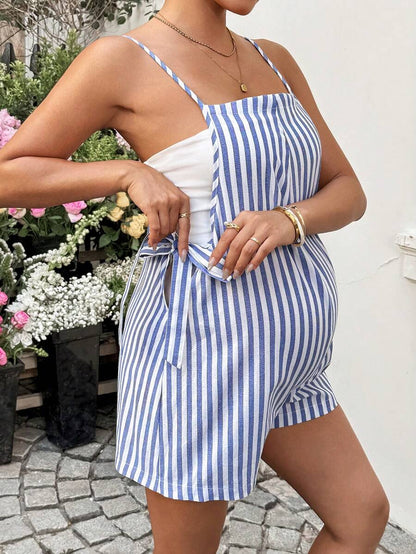 Maternity Striped Cold Shoulder Cami Jumpsuit with Twist Front and Side Bow Ties for Summer Beach Outfits