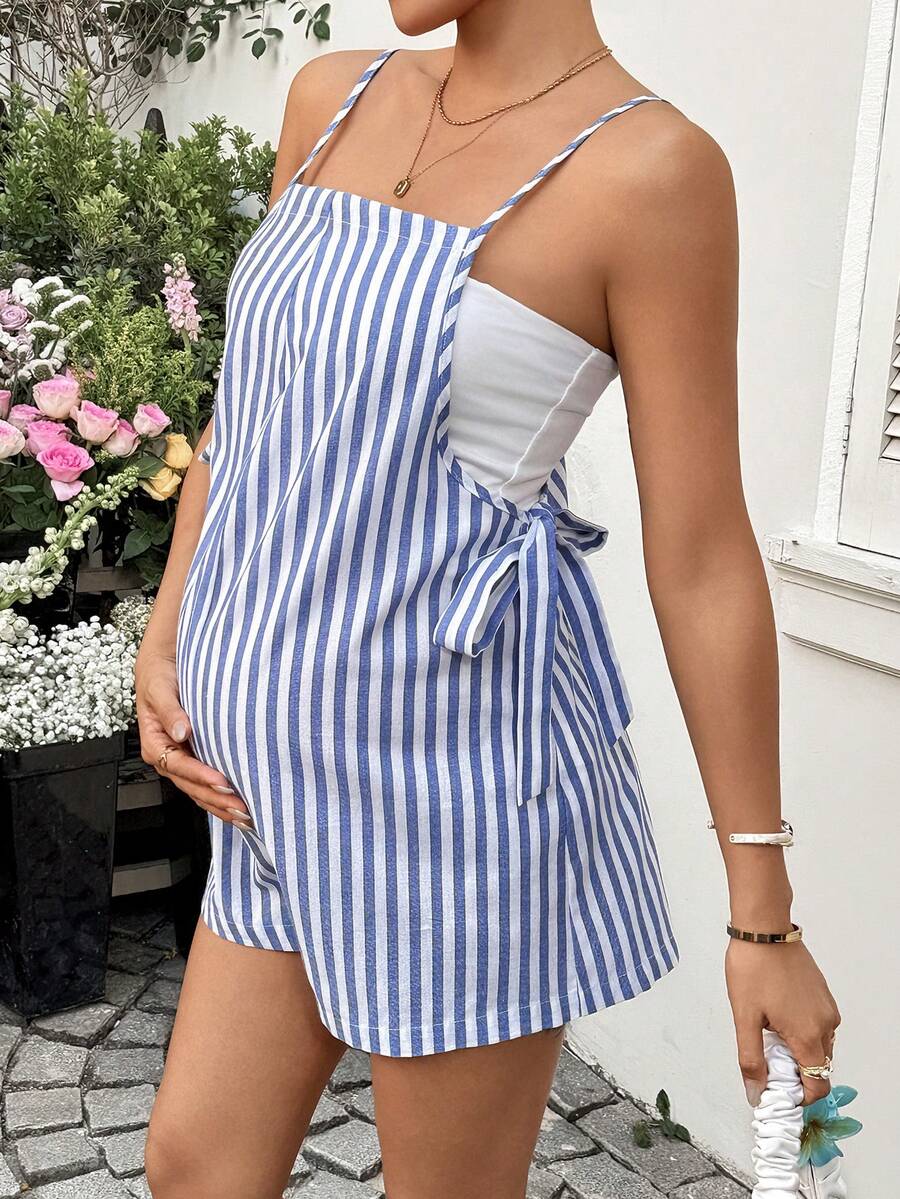 Maternity Striped Cold Shoulder Cami Jumpsuit with Twist Front and Side Bow Ties for Summer Beach Outfits