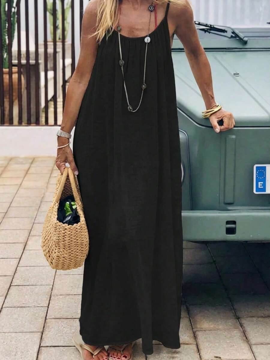 Women Backless Cami Lounge Dress Sleeveless Solid Color Long Sundress with Back Tie