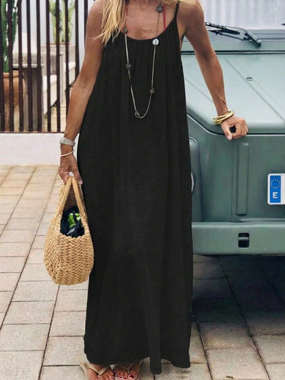 Women Backless Cami Lounge Dress Sleeveless Solid Color Long Sundress with Back Tie