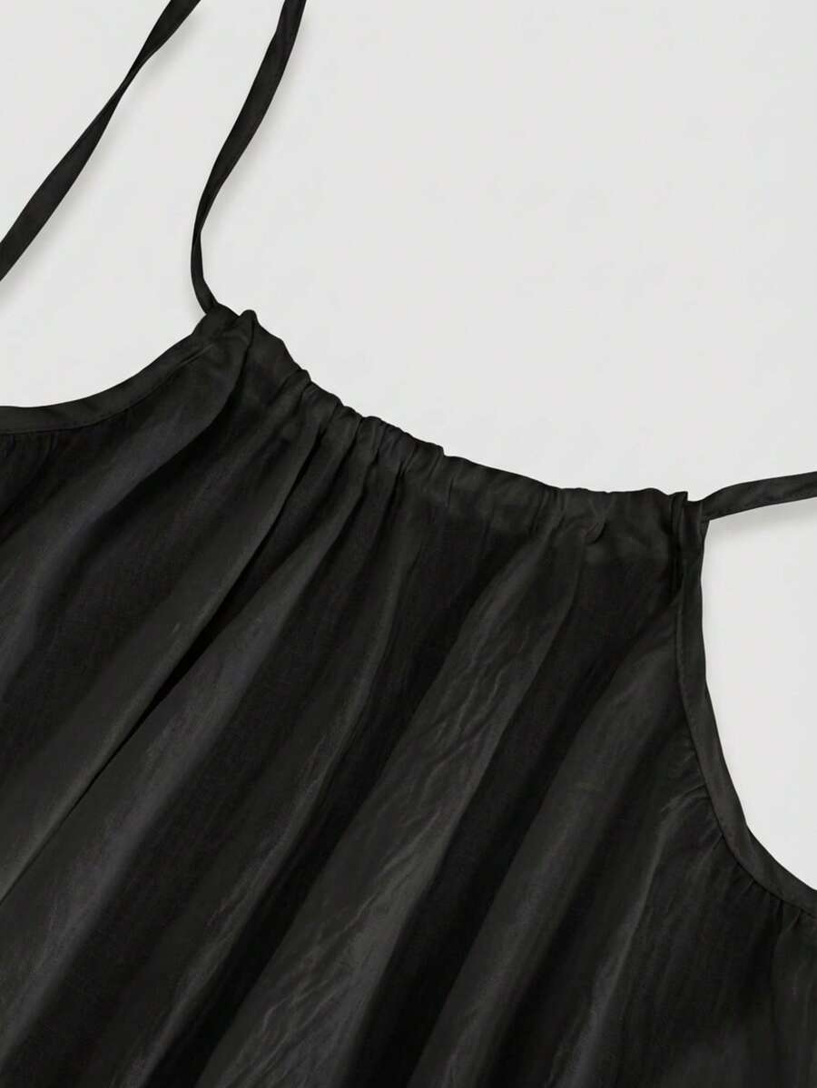 Women Backless Cami Lounge Dress Sleeveless Solid Color Long Sundress with Back Tie