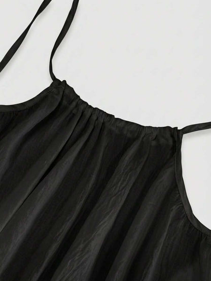 Women Backless Cami Lounge Dress Sleeveless Solid Color Long Sundress with Back Tie