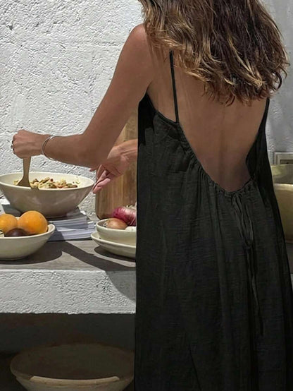 Women Backless Cami Lounge Dress Sleeveless Solid Color Long Sundress with Back Tie