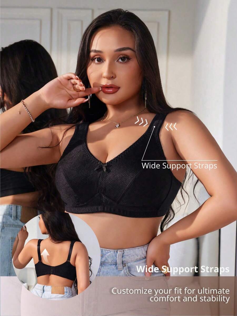 Plus Size Women's Jacquard Wireless Bra - Soft Sponge Adjustable Strap Bralette