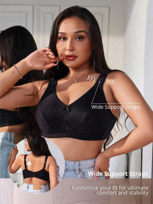 Plus Size Women's Jacquard Wireless Bra - Soft Sponge Adjustable Strap Bralette