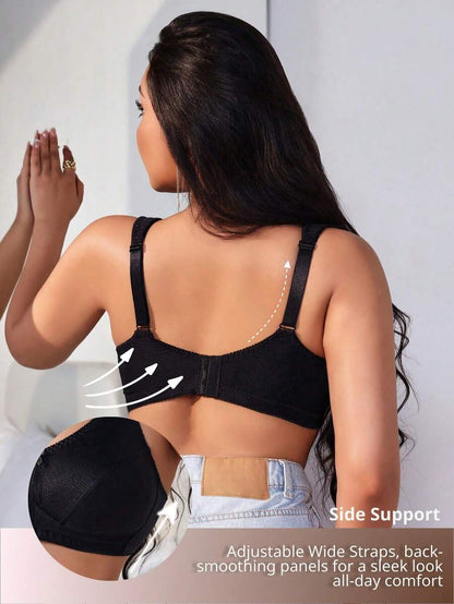 Plus Size Women's Jacquard Wireless Bra - Soft Sponge Adjustable Strap Bralette