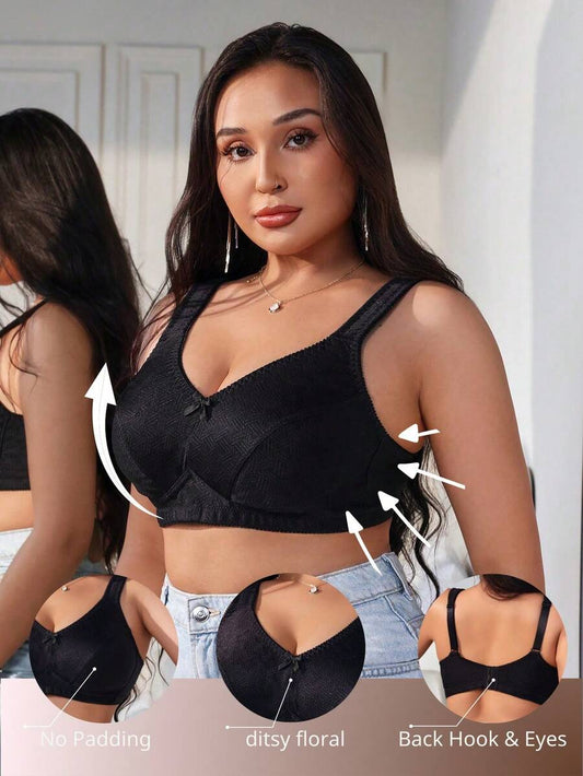 Plus Size Women's Jacquard Wireless Bra - Soft Sponge Adjustable Strap Bralette