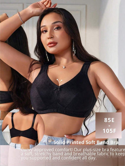 Plus Size Women's Jacquard Wireless Bra - Soft Sponge Adjustable Strap Bralette
