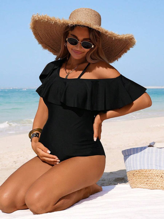 Maternity Bikini Set - Boho Elegant Solid Color Stretch Beach Vacation, Resort Swimwear