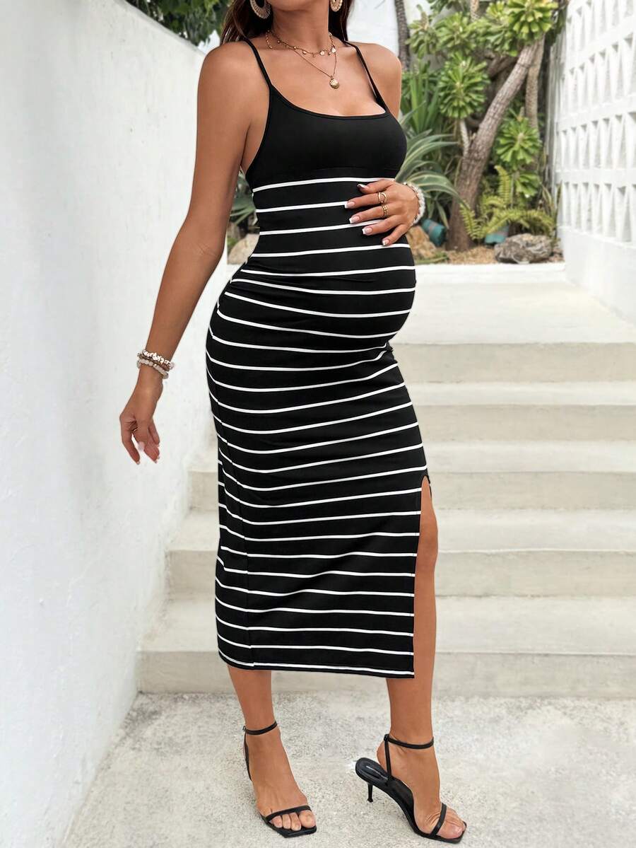 Maternity Black and White Striped Midi Cami Dress with Criss Cross Back and Side Slit Slim Fit Knitted Summer Vacation Outfit