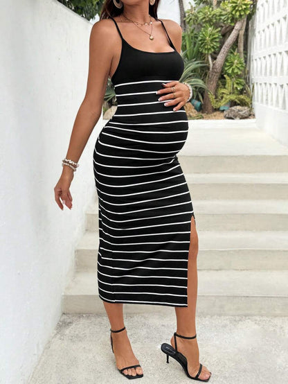 Maternity Black and White Striped Midi Cami Dress with Criss Cross Back and Side Slit Slim Fit Knitted Summer Vacation Outfit