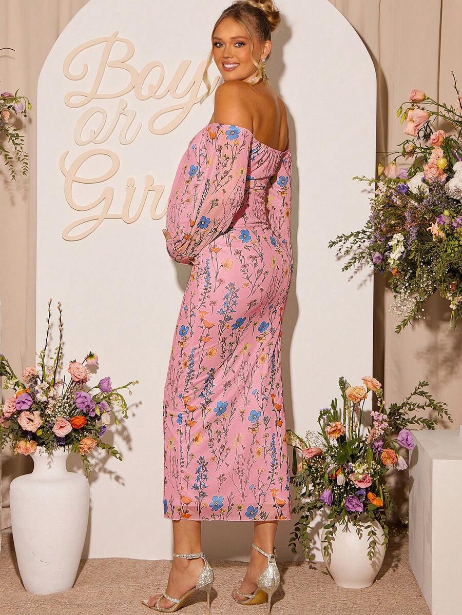 Floral Maternity Dress Off Shoulder Long Sleeve Fitted Midi Gown for Baby Shower Gender Reveal and Autumn Pregnancy Photoshoot Pink