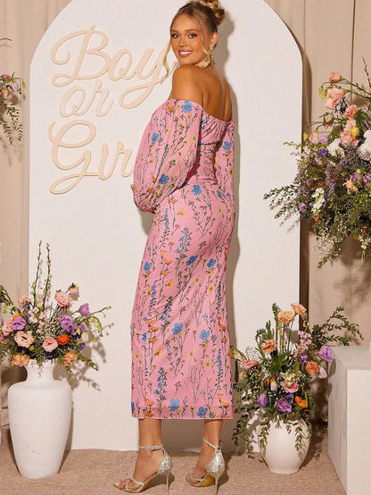 Floral Print Maternity Off Shoulder Fitted Long Sleeve Dress - Elegant Mermaid Pregnancy Gown for Baby Shower and Maternity Photoshoot