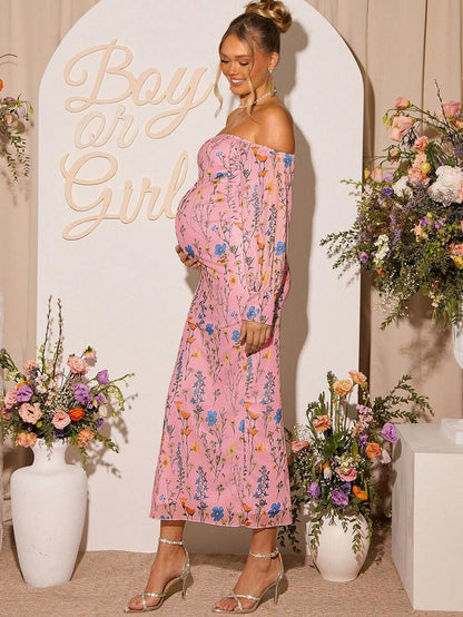 Floral Print Maternity Off Shoulder Fitted Long Sleeve Dress - Elegant Mermaid Pregnancy Gown for Baby Shower and Maternity Photoshoot