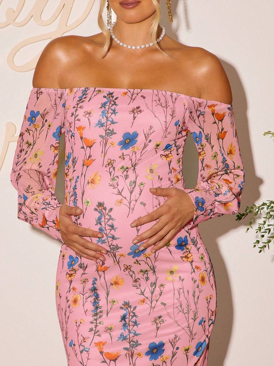 Floral Print Maternity Off Shoulder Fitted Long Sleeve Dress - Elegant Mermaid Pregnancy Gown for Baby Shower and Maternity Photoshoot