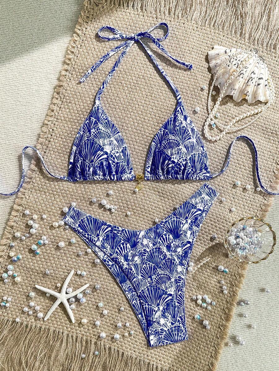 Swim Vcay Swim Mod Summer 2pcs Halter Random Floral Print & High Cut Bottoms Bikini Set, Beach Vacation
