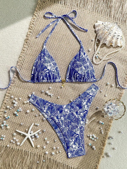 Swim Mod Summer 2 Pieces Outfits For Women - Spaghetti Strap Random Print Top And High Cut Swim Bottoms, Beach Holiday Bikini Set