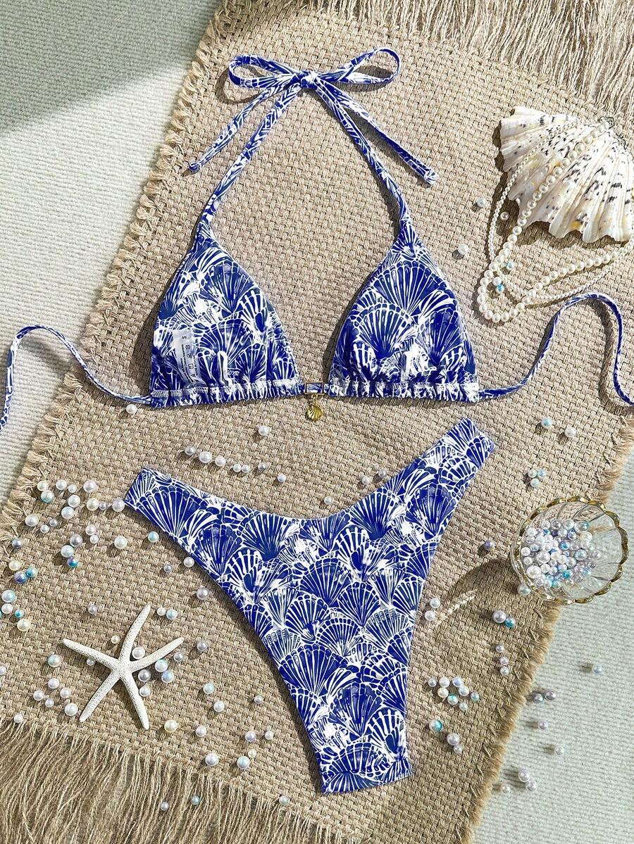 Swim Vcay Swim Mod Summer 2pcs Halter Random Floral Print & High Cut Bottoms Bikini Set, Beach Vacation