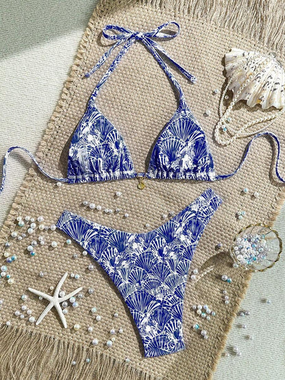 Swim Mod Summer 2 Pieces Outfits For Women - Spaghetti Strap Random Print Top And High Cut Swim Bottoms, Beach Holiday Bikini Set