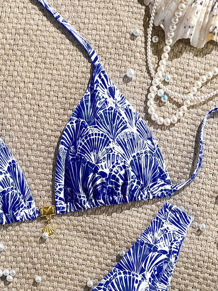Swim Vcay Swim Mod Summer 2pcs Halter Random Floral Print & High Cut Bottoms Bikini Set, Beach Vacation