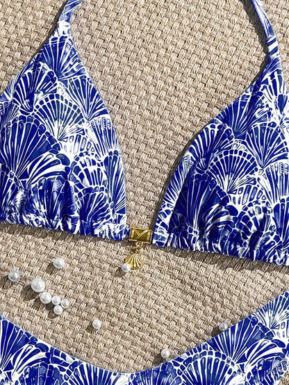 Swim Vcay Swim Mod Summer 2pcs Halter Random Floral Print & High Cut Bottoms Bikini Set, Beach Vacation