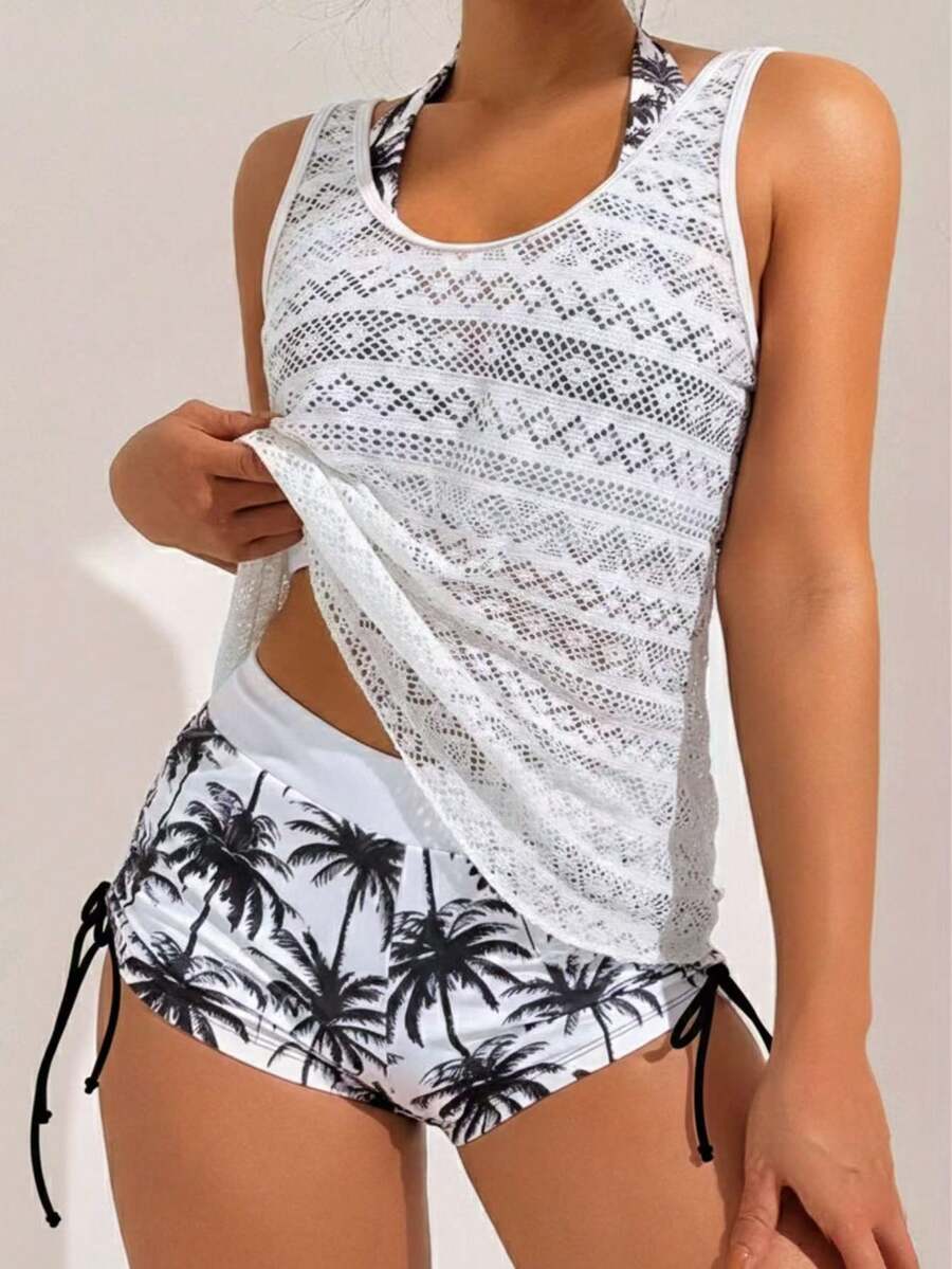 Swim Vcay Deep V Coconut Tree Print Shorts, Paired With Hollow Out Knit Cover Up & Spaghetti Strap Crop Top Bikini 3-Piece Set, Beach Outfit For Women, Holiday, New Year,