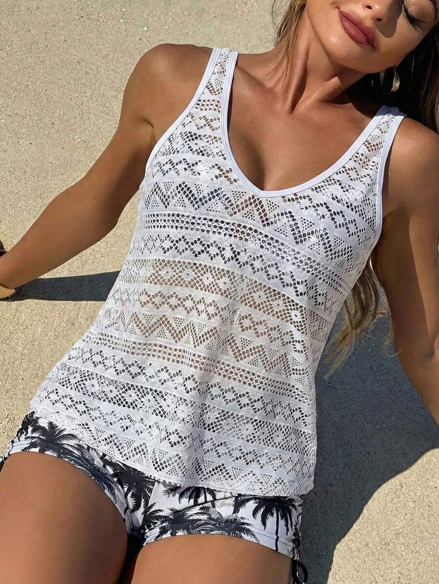 Swim Vcay Deep V Coconut Tree Print Shorts, Paired With Hollow Out Knit Cover Up & Spaghetti Strap Crop Top Bikini 3-Piece Set, Beach Outfit For Women, Holiday, New Year,