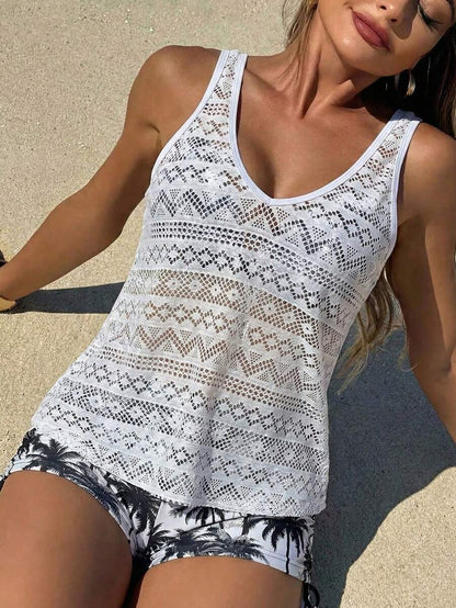 Swim Vcay Deep V Coconut Tree Print Shorts, Paired With Hollow Out Knit Cover Up & Spaghetti Strap Crop Top Bikini 3-Piece Set, Beach Outfit For Women, Holiday, New Year,