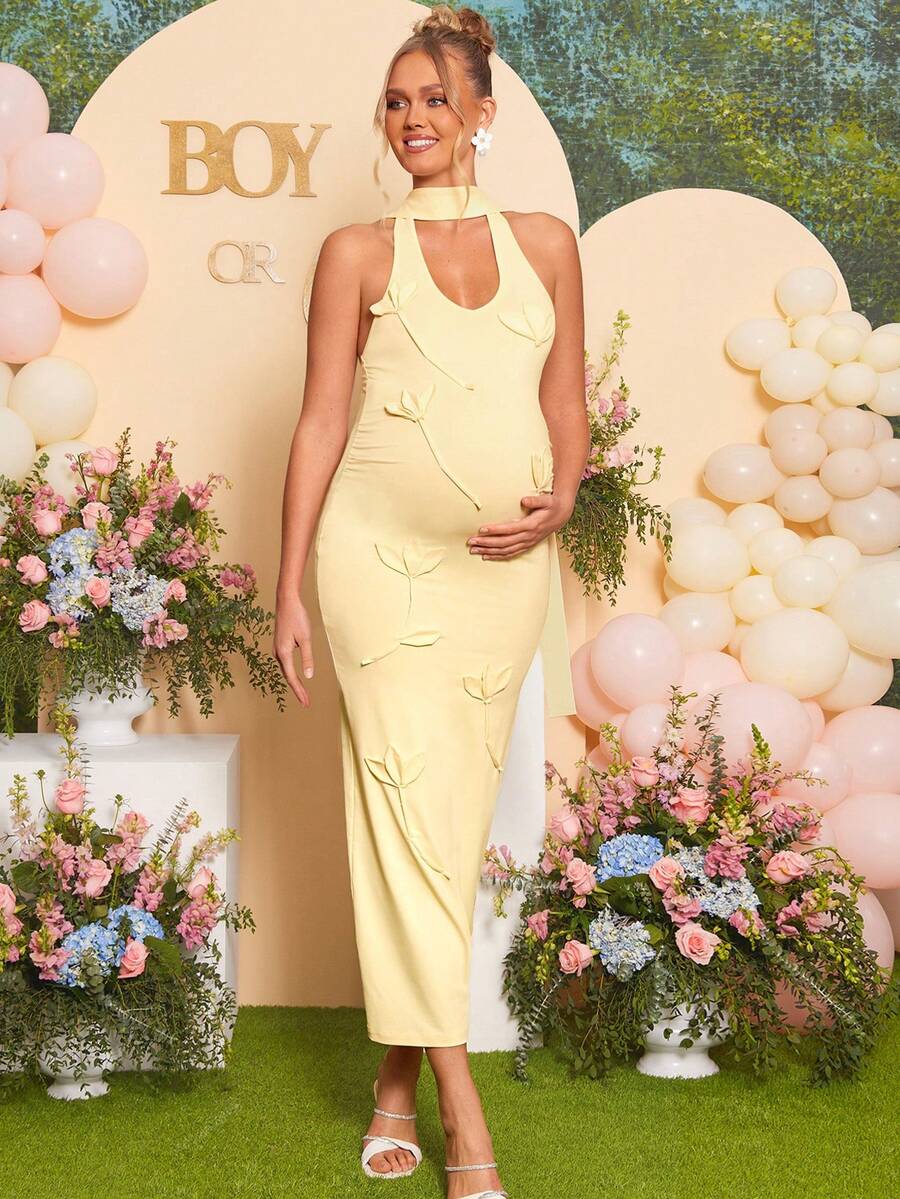 Maternity Fashion Backless Halter Dress For Baby Shower Party