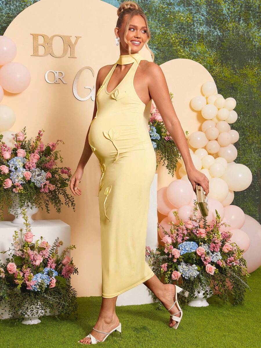 Maternity Fashion Backless Halter Dress For Baby Shower Party