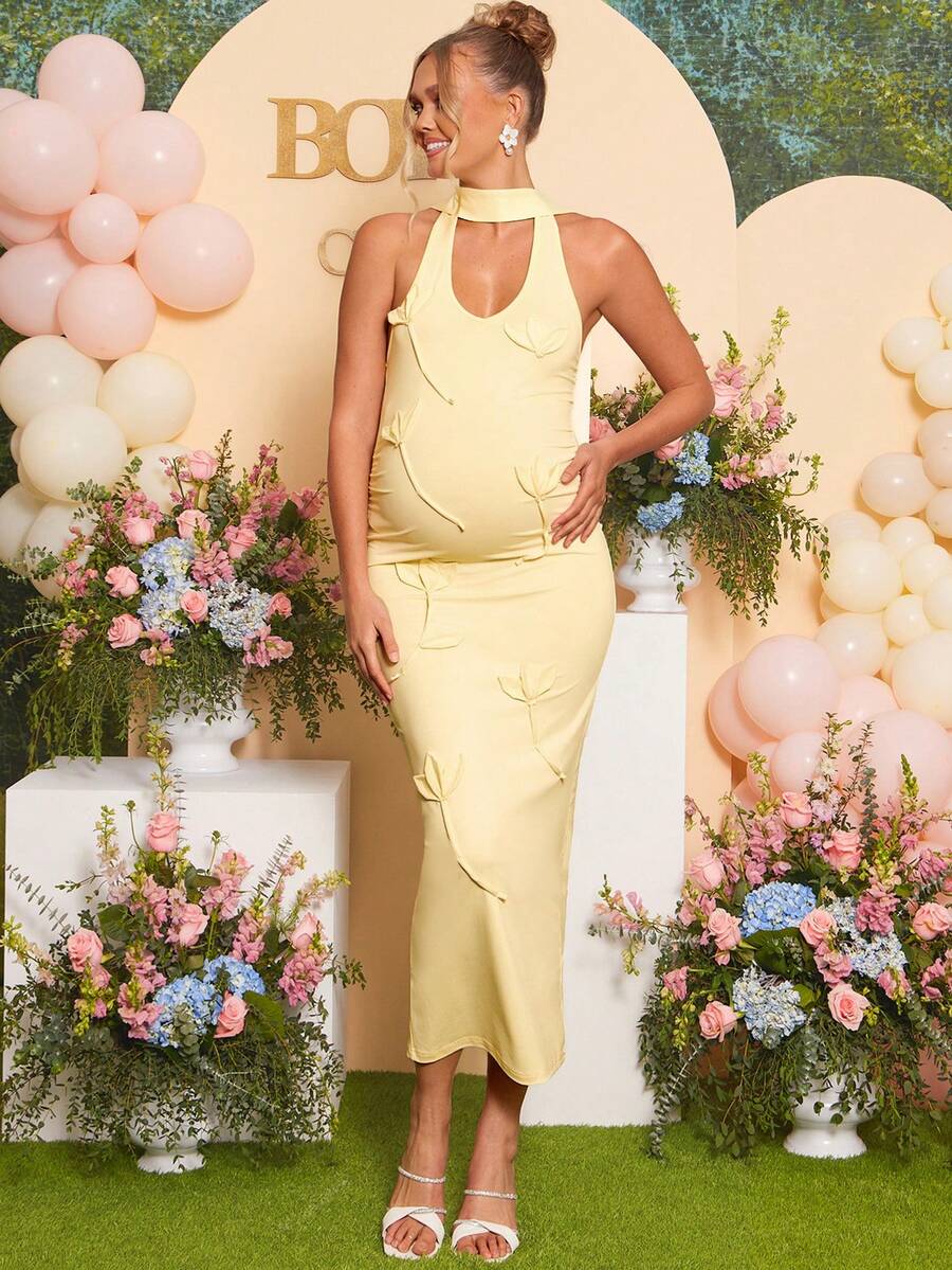 Maternity Fashion Backless Halter Dress For Baby Shower Party