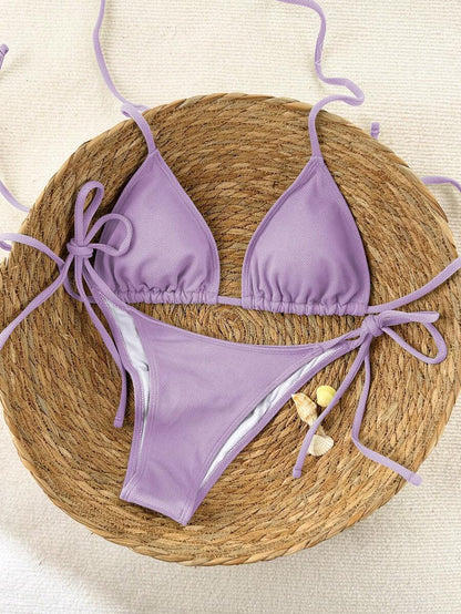 Swim Vcay 2026 Spring/Summer Green Special Fabric Women's Swimwear, Spaghetti Strap Halter Solid Color Sexy Side Tie Thong Bikini Two-Piece Swimwear Teal Bikini Tie Bikini Set Textured Bikini Triangle Bikini Triangle Bikini Set