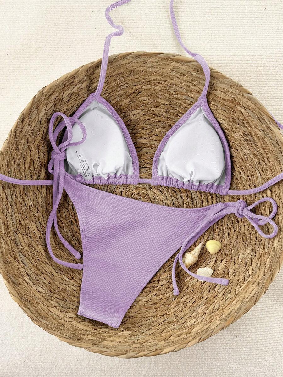 Swim Vcay 2026 Spring/Summer Green Special Fabric Women's Swimwear, Spaghetti Strap Halter Solid Color Sexy Side Tie Thong Bikini Two-Piece Swimwear Teal Bikini Tie Bikini Set Textured Bikini Triangle Bikini Triangle Bikini Set