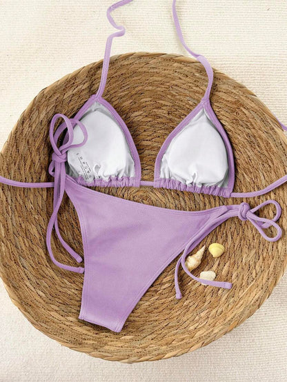 Swim Vcay 2026 Spring/Summer Green Special Fabric Women's Swimwear, Spaghetti Strap Halter Solid Color Sexy Side Tie Thong Bikini Two-Piece Swimwear Teal Bikini Tie Bikini Set Textured Bikini Triangle Bikini Triangle Bikini Set