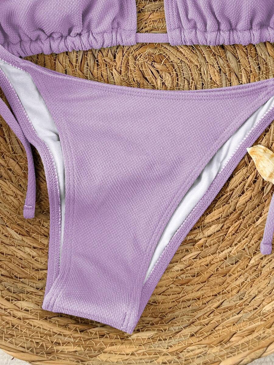 Swim Vcay 2026 Spring/Summer Green Special Fabric Women's Swimwear, Spaghetti Strap Halter Solid Color Sexy Side Tie Thong Bikini Two-Piece Swimwear Teal Bikini Tie Bikini Set Textured Bikini Triangle Bikini Triangle Bikini Set